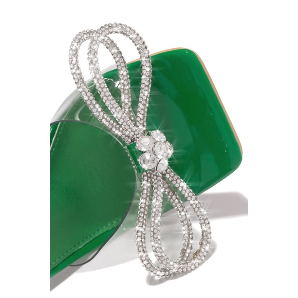 EMBELLISHED BOW STRAP HIGH HEELS GREEN 7.5 - Picture 3 of 11